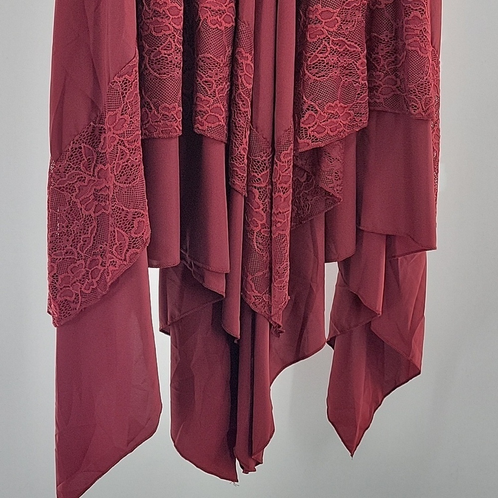 Burgundy Asymmetrical Hi Low Skirt With Lace Detail - Picture 11 of 16